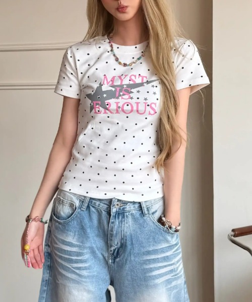 SHEPP(シープ)の「ドット柄 クルーネックスターグラフィックプリントTシャツ コンパクトT 半袖 Y2K(Tシャツ/カットソー・レディース・ネイビー/グリーン/ホワイト・M/L)」の4枚目の写真