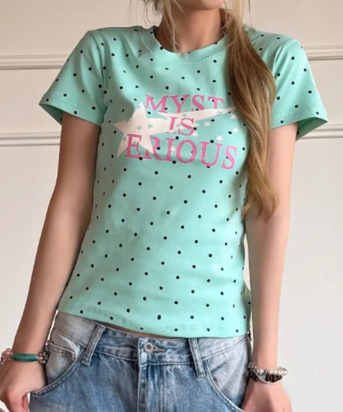 SHEPP(シープ)の「ドット柄 クルーネックスターグラフィックプリントTシャツ コンパクトT 半袖 Y2K(Tシャツ/カットソー・レディース・ネイビー/グリーン/ホワイト・M/L)」の5枚目の写真