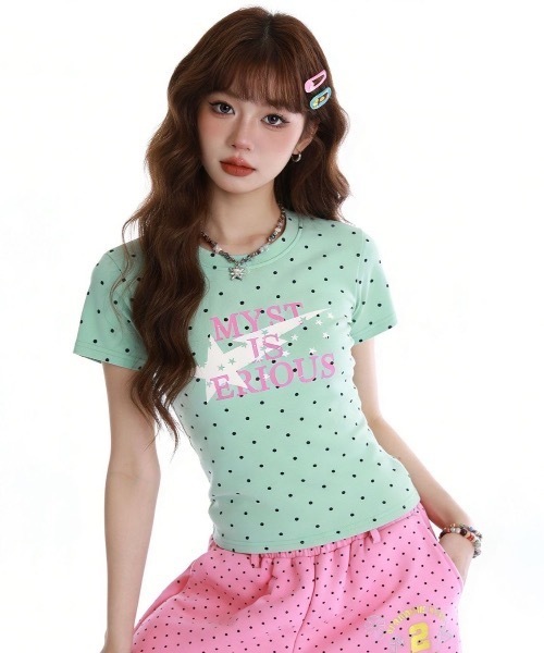 SHEPP(シープ)の「ドット柄 クルーネックスターグラフィックプリントTシャツ コンパクトT 半袖 Y2K(Tシャツ/カットソー・レディース・ネイビー/グリーン/ホワイト・M/L)」の22枚目の写真