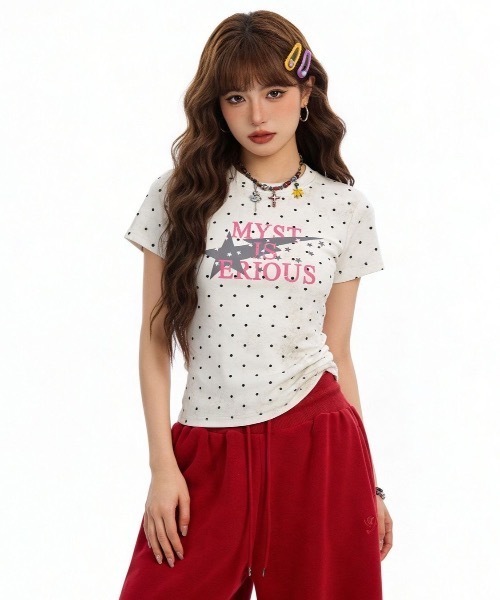 SHEPP(シープ)の「ドット柄 クルーネックスターグラフィックプリントTシャツ コンパクトT 半袖 Y2K(Tシャツ/カットソー・レディース・ネイビー/グリーン/ホワイト・M/L)」の16枚目の写真