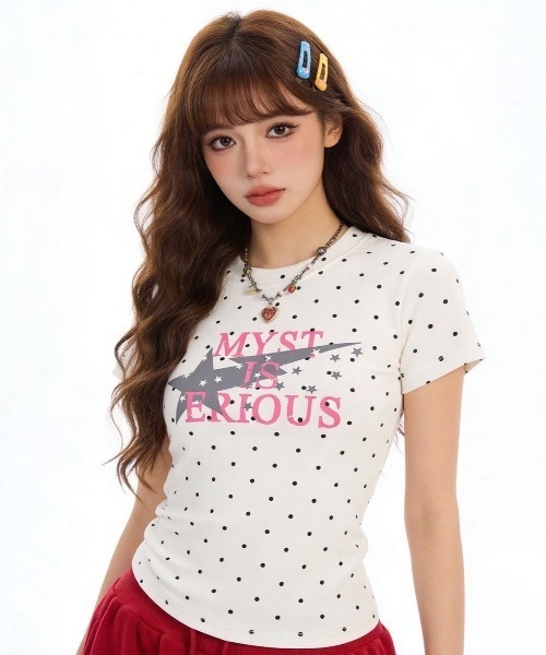 SHEPP(シープ)の「ドット柄 クルーネックスターグラフィックプリントTシャツ コンパクトT 半袖 Y2K(Tシャツ/カットソー・レディース・ネイビー/グリーン/ホワイト・M/L)」の17枚目の写真