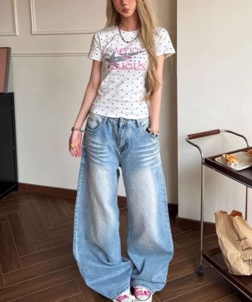 SHEPP(シープ)の「ドット柄 クルーネックスターグラフィックプリントTシャツ コンパクトT 半袖 Y2K(Tシャツ/カットソー・レディース・ネイビー/グリーン/ホワイト・M/L)」の13枚目の写真