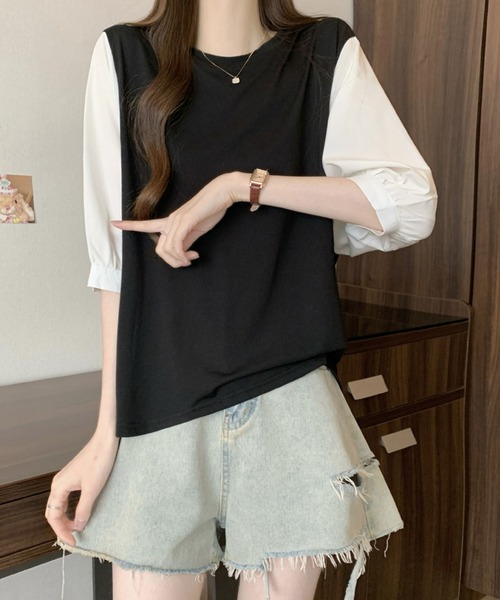 2ly2(トゥーリートゥー)の「異素材切替ボリュームスリーブトップス レディース 配色デザインブラウス(Tシャツ/カットソー・レディース・グレー/ブラック/ブラック系その他・FREE)」の4枚目の写真