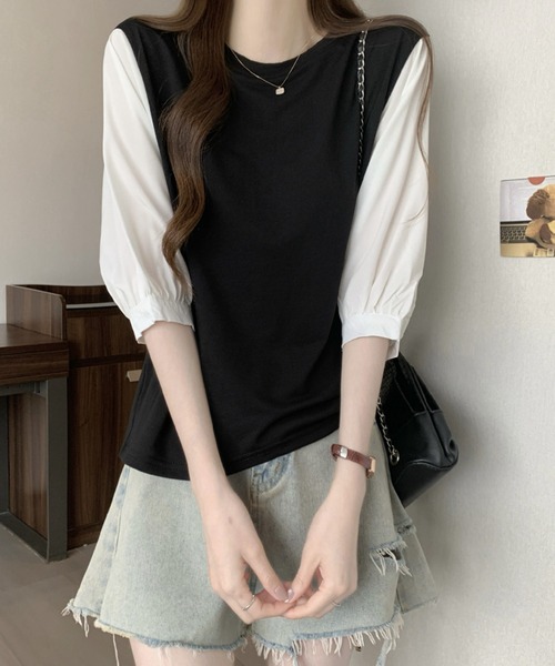 2ly2(トゥーリートゥー)の「異素材切替ボリュームスリーブトップス レディース 配色デザインブラウス(Tシャツ/カットソー・レディース・グレー/ブラック/ブラック系その他・FREE)」の5枚目の写真