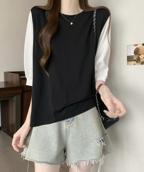 2ly2(トゥーリートゥー)の「異素材切替ボリュームスリーブトップス レディース 配色デザインブラウス(Tシャツ/カットソー・レディース・グレー/ブラック/ブラック系その他・FREE)」の6枚目の写真