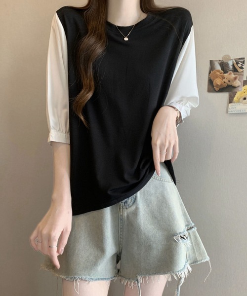 2ly2(トゥーリートゥー)の「異素材切替ボリュームスリーブトップス レディース 配色デザインブラウス(Tシャツ/カットソー・レディース・グレー/ブラック/ブラック系その他・FREE)」の7枚目の写真