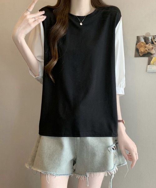 2ly2(トゥーリートゥー)の「異素材切替ボリュームスリーブトップス レディース 配色デザインブラウス(Tシャツ/カットソー・レディース・グレー/ブラック/ブラック系その他・FREE)」の8枚目の写真