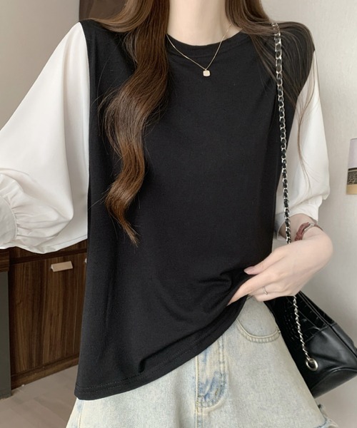 2ly2(トゥーリートゥー)の「異素材切替ボリュームスリーブトップス レディース 配色デザインブラウス(Tシャツ/カットソー・レディース・グレー/ブラック/ブラック系その他・FREE)」の9枚目の写真