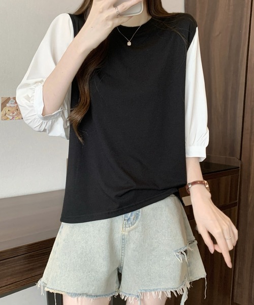 2ly2(トゥーリートゥー)の「異素材切替ボリュームスリーブトップス レディース 配色デザインブラウス(Tシャツ/カットソー・レディース・グレー/ブラック/ブラック系その他・FREE)」の10枚目の写真