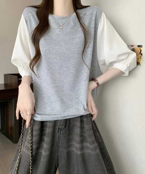 2ly2(トゥーリートゥー)の「異素材切替ボリュームスリーブトップス レディース 配色デザインブラウス(Tシャツ/カットソー・レディース・グレー/ブラック/ブラック系その他・FREE)」の21枚目の写真