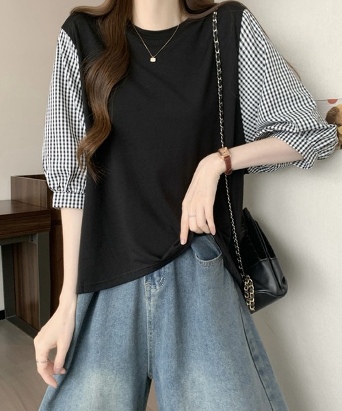 2ly2(トゥーリートゥー)の「異素材切替ボリュームスリーブトップス レディース 配色デザインブラウス(Tシャツ/カットソー・レディース・グレー/ブラック/ブラック系その他・FREE)」の16枚目の写真