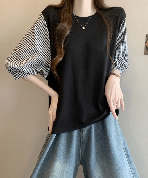 2ly2(トゥーリートゥー)の「異素材切替ボリュームスリーブトップス レディース 配色デザインブラウス(Tシャツ/カットソー・レディース・グレー/ブラック/ブラック系その他・FREE)」の18枚目の写真