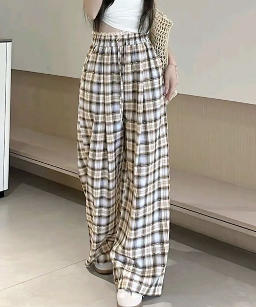 Miniministore（ミニミニストア）の「レースウエストチェック柄ワイドパンツ春夏（デニムパンツ・レディース・ベージュ/ピンク・FREE）」の2枚目の写真
