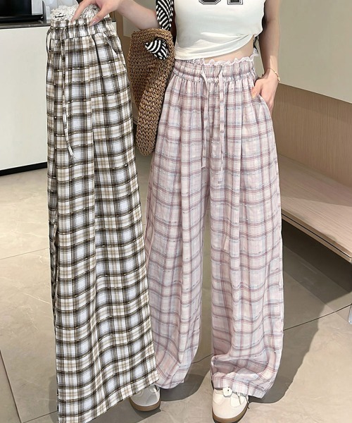 Miniministore（ミニミニストア）の「レースウエストチェック柄ワイドパンツ春夏（デニムパンツ・レディース・ベージュ/ピンク・FREE）」の3枚目の写真