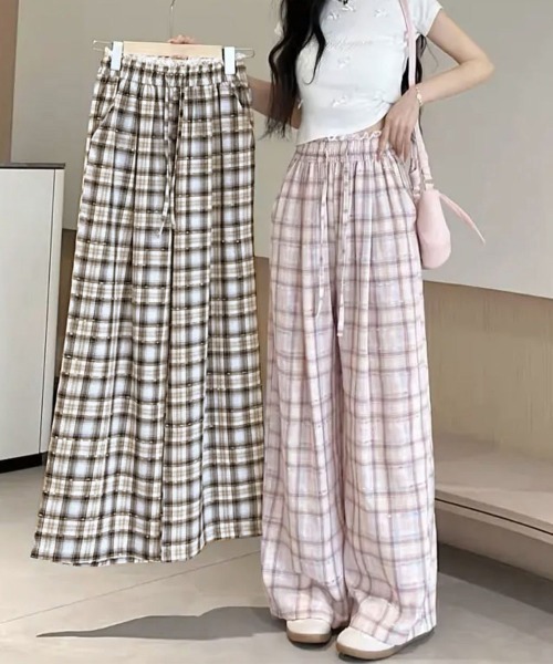 Miniministore（ミニミニストア）の「レースウエストチェック柄ワイドパンツ春夏（デニムパンツ・レディース・ベージュ/ピンク・FREE）」の4枚目の写真