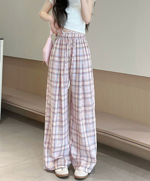 Miniministore（ミニミニストア）の「レースウエストチェック柄ワイドパンツ春夏（デニムパンツ・レディース・ベージュ/ピンク・FREE）」の5枚目の写真