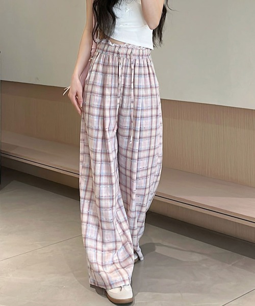 Miniministore（ミニミニストア）の「レースウエストチェック柄ワイドパンツ春夏（デニムパンツ・レディース・ベージュ/ピンク・FREE）」の6枚目の写真