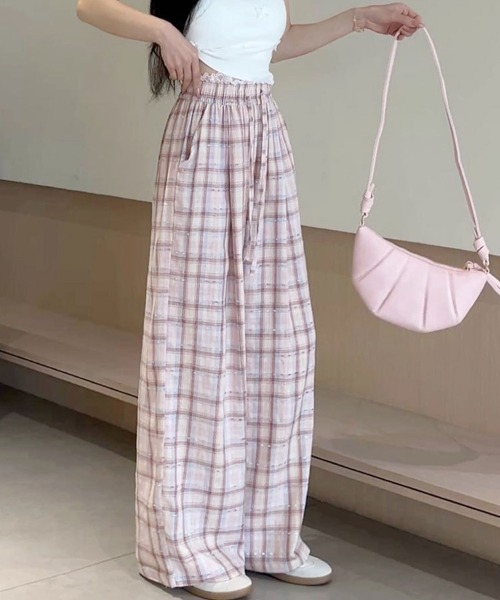 Miniministore（ミニミニストア）の「レースウエストチェック柄ワイドパンツ春夏（デニムパンツ・レディース・ベージュ/ピンク・FREE）」の7枚目の写真