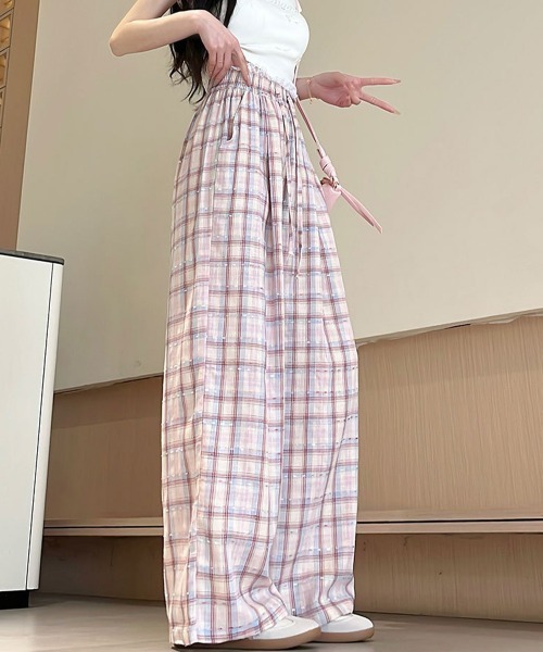 Miniministore（ミニミニストア）の「レースウエストチェック柄ワイドパンツ春夏（デニムパンツ・レディース・ベージュ/ピンク・FREE）」の8枚目の写真