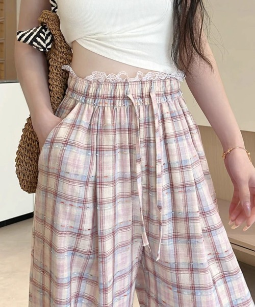 Miniministore（ミニミニストア）の「レースウエストチェック柄ワイドパンツ春夏（デニムパンツ・レディース・ベージュ/ピンク・FREE）」の9枚目の写真