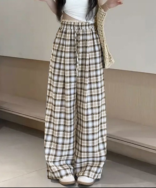 Miniministore（ミニミニストア）の「レースウエストチェック柄ワイドパンツ春夏（デニムパンツ・レディース・ベージュ/ピンク・FREE）」の10枚目の写真