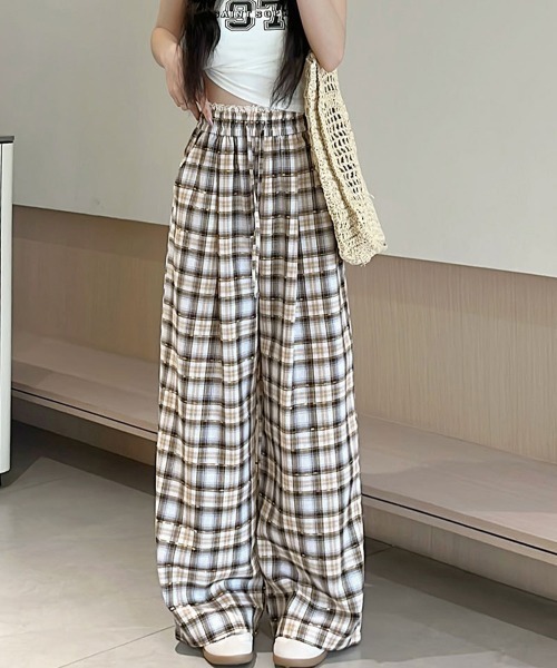 Miniministore（ミニミニストア）の「レースウエストチェック柄ワイドパンツ春夏（デニムパンツ・レディース・ベージュ/ピンク・FREE）」の11枚目の写真