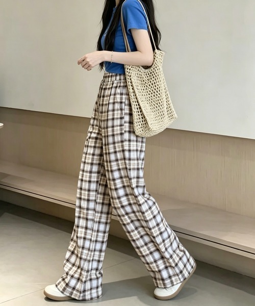 Miniministore（ミニミニストア）の「レースウエストチェック柄ワイドパンツ春夏（デニムパンツ・レディース・ベージュ/ピンク・FREE）」の13枚目の写真