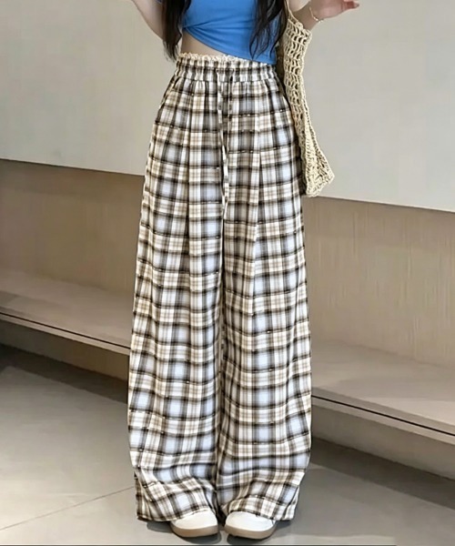 Miniministore（ミニミニストア）の「レースウエストチェック柄ワイドパンツ春夏（デニムパンツ・レディース・ベージュ/ピンク・FREE）」の14枚目の写真