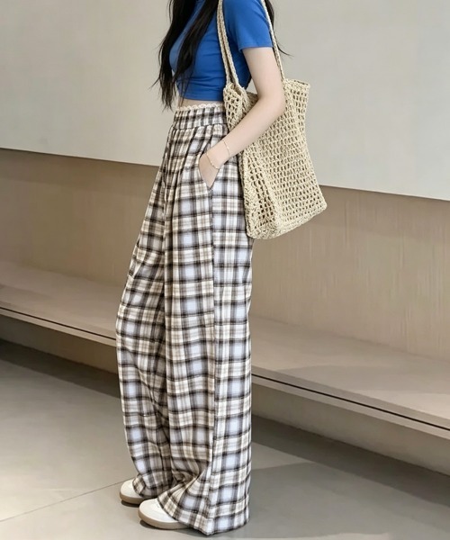 Miniministore（ミニミニストア）の「レースウエストチェック柄ワイドパンツ春夏（デニムパンツ・レディース・ベージュ/ピンク・FREE）」の15枚目の写真