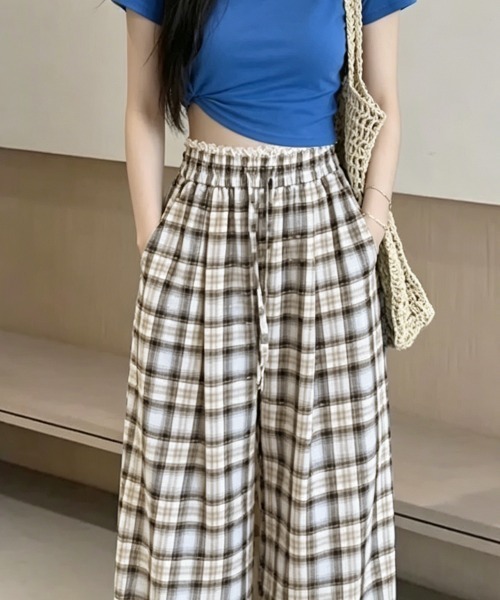 Miniministore（ミニミニストア）の「レースウエストチェック柄ワイドパンツ春夏（デニムパンツ・レディース・ベージュ/ピンク・FREE）」の16枚目の写真
