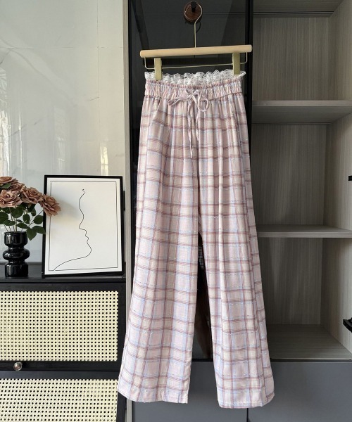 Miniministore（ミニミニストア）の「レースウエストチェック柄ワイドパンツ春夏（デニムパンツ・レディース・ベージュ/ピンク・FREE）」の18枚目の写真