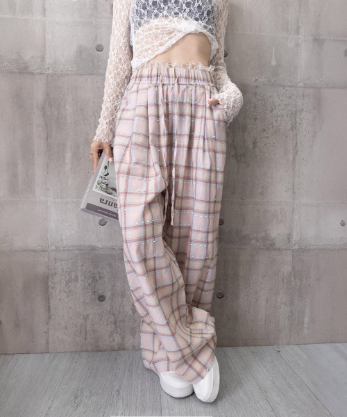 Miniministore（ミニミニストア）の「レースウエストチェック柄ワイドパンツ春夏（デニムパンツ・レディース・ベージュ/ピンク・FREE）」の21枚目の写真