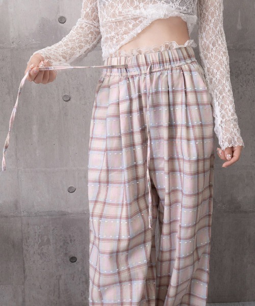 Miniministore（ミニミニストア）の「レースウエストチェック柄ワイドパンツ春夏（デニムパンツ・レディース・ベージュ/ピンク・FREE）」の22枚目の写真