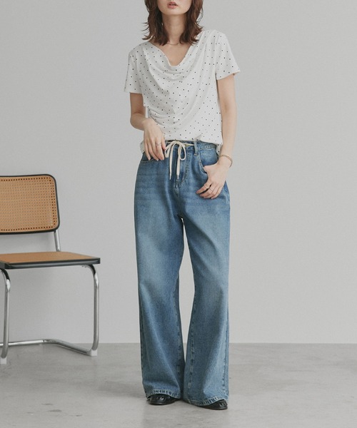 ad thie(アドティエ)の「ドット ドレープネック トップス(Tシャツ/カットソー・レディース・オフホワイト/杢グレー/ブラック・FREE)」の4枚目の写真