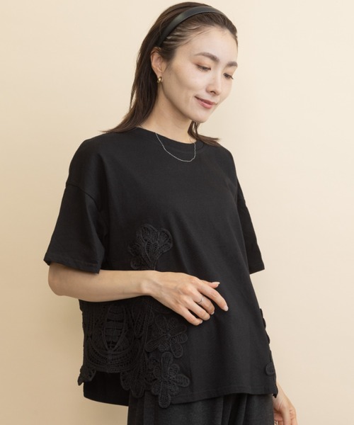 lodie(ロディ)の「サイドレーストリムT(Tシャツ/カットソー・レディース・ブルー/ブラック・FREE)」の1枚目の写真