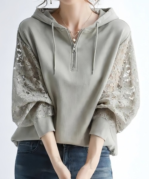 CHUL(チュル)の「レーススリーブハーフジップパーカー(パーカー・レディース・ホワイト/ブラック/カーキ・LARGE/MEDIUM/SMALL)」の3枚目の写真