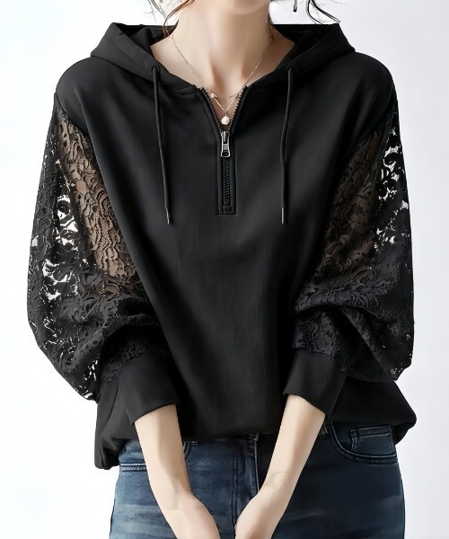 CHUL(チュル)の「レーススリーブハーフジップパーカー(パーカー・レディース・ホワイト/ブラック/カーキ・LARGE/MEDIUM/SMALL)」の2枚目の写真
