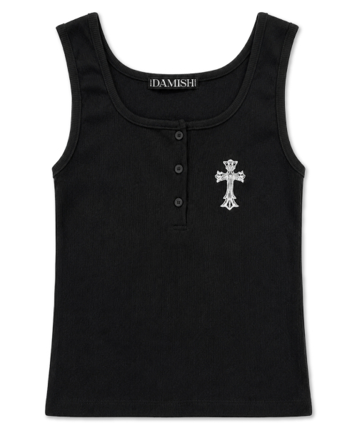 DAMISH（ダミシュ）の「ゴシッククロス刺繍ボタンタンクトップ_ブラック（Tシャツ/カットソー・レディース・ブラック・OS）」の2枚目の写真