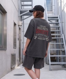 Dalfwin | 韓国ファッション【上下セット】SOCIETYピグメント加工英字バックプリント半袖ショートパンツセットアップ(ルームウェア/パジャマ)