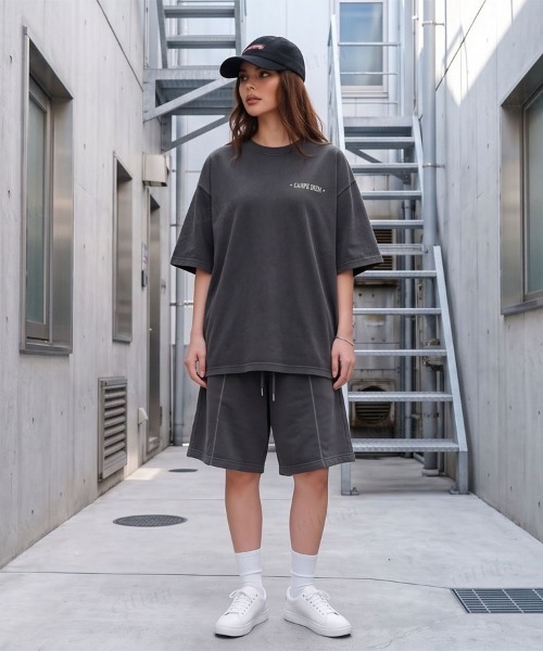 Dalfwin（ダールフィン）の「韓国ファッション【上下セット】SOCIETYピグメント加工英字バックプリント半袖ショートパンツセットアップ（ルームウェア/パジャマ・レディース・ベージュ/ブラック・FREE）」の12枚目の写真