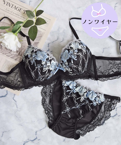 【ノンワイヤー/ラクして整う！ストレスフリーで上品なフィット感♪】上下セット/M-LL/脇高キューティーブーケ