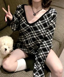 2点セットアップ チェック柄Vネックニットトップス&ショートパンツ
