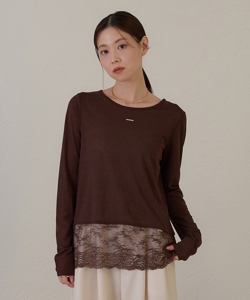 raffime(ラフィミー)の「【Raffime】裾レース切り替えプルオーバー/ロングTシャツ(Tシャツ/カットソー・レディース・ダークブラウン/オフホワイト・フリー)」の2枚目の写真