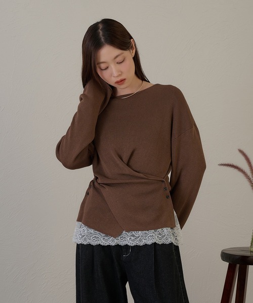 raffime(ラフィミー)の「【Raffime】裾レース切り替えプルオーバー/ロングTシャツ(Tシャツ/カットソー・レディース・ダークブラウン/オフホワイト・フリー)」の11枚目の写真