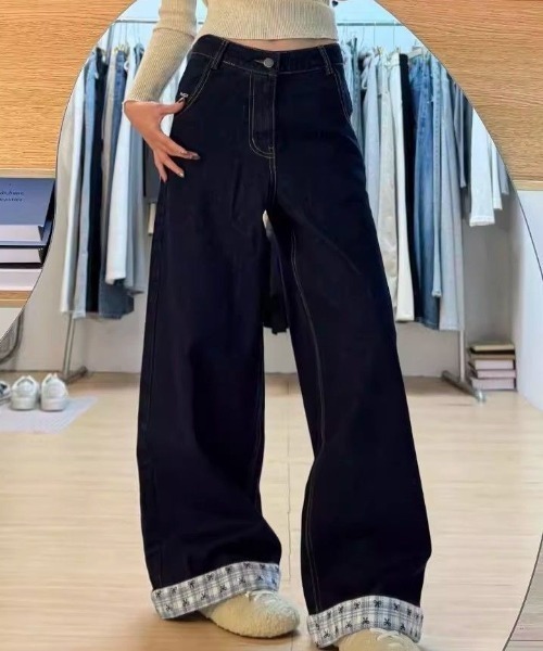 Teem Store(チームストア)の「ウエストロゴ刺繍 チェック切替ロールアップデニムパンツ(デニムパンツ・レディース・ブルー・M/L/S)」の8枚目の写真