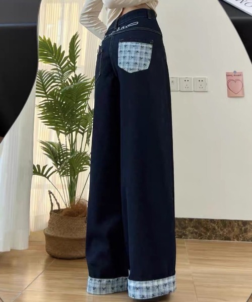 Teem Store(チームストア)の「ウエストロゴ刺繍 チェック切替ロールアップデニムパンツ(デニムパンツ・レディース・ブルー・M/L/S)」の7枚目の写真