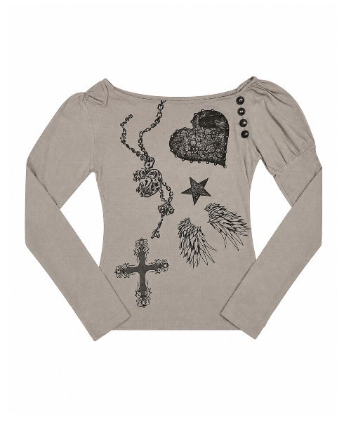 Never mind the XU / Chikashitsu+(ネバーマインド ザ エックスユー / チカシツプラス)の「【BABY09】one-shoulder graffiti tops / 【ベイビーナイン】ワンショルダーグラフィック長袖Tシャツ(Tシャツ/カットソー・レディース・ブラック/ベージュ/ホワイト・S)」の5枚目の写真