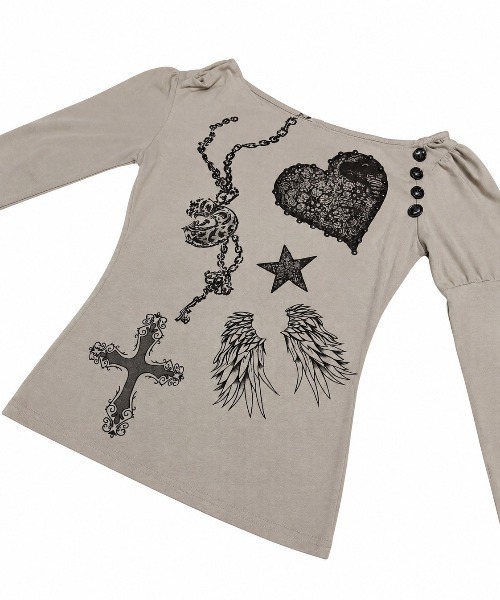 Never mind the XU / Chikashitsu+(ネバーマインド ザ エックスユー / チカシツプラス)の「【BABY09】one-shoulder graffiti tops / 【ベイビーナイン】ワンショルダーグラフィック長袖Tシャツ(Tシャツ/カットソー・レディース・ブラック/ベージュ/ホワイト・S)」の7枚目の写真