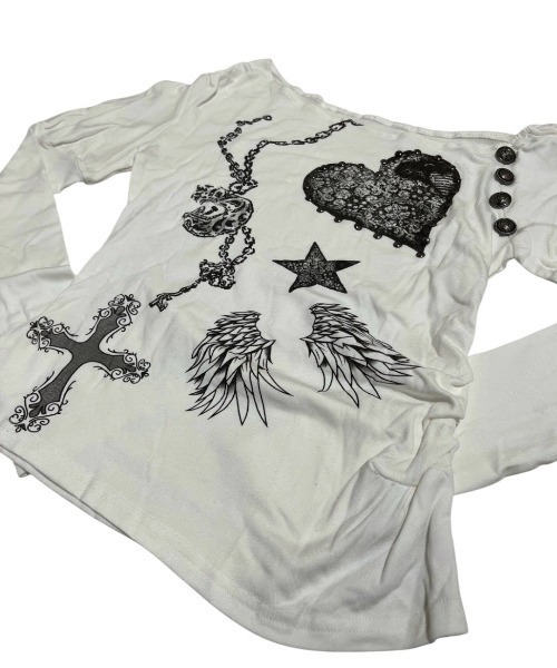 Never mind the XU / Chikashitsu+(ネバーマインド ザ エックスユー / チカシツプラス)の「【BABY09】one-shoulder graffiti tops / 【ベイビーナイン】ワンショルダーグラフィック長袖Tシャツ(Tシャツ/カットソー・レディース・ブラック/ベージュ/ホワイト・S)」の22枚目の写真