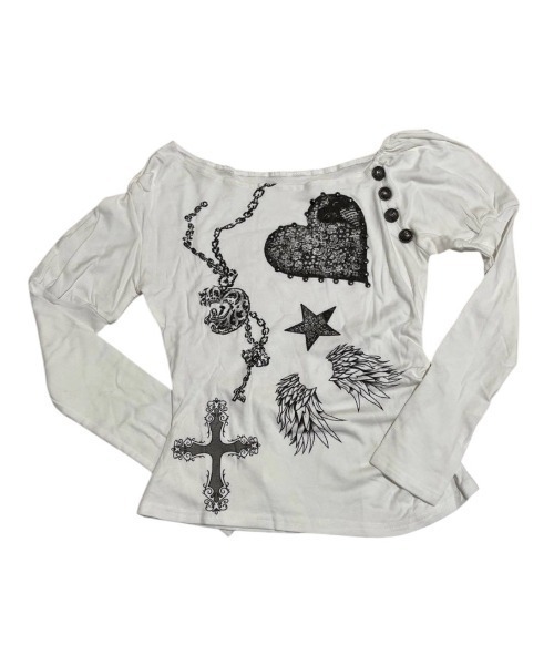 Never mind the XU / Chikashitsu+(ネバーマインド ザ エックスユー / チカシツプラス)の「【BABY09】one-shoulder graffiti tops / 【ベイビーナイン】ワンショルダーグラフィック長袖Tシャツ(Tシャツ/カットソー・レディース・ブラック/ベージュ/ホワイト・S)」の21枚目の写真
